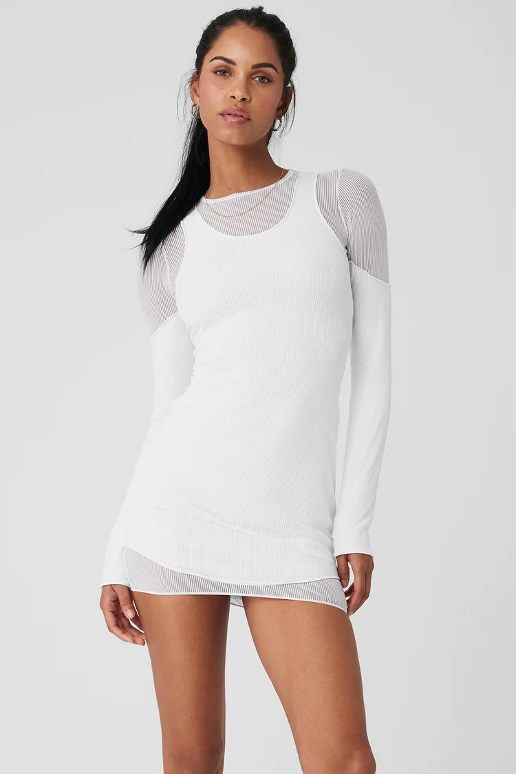 Striped Mesh Synergy Long Sleeve Dress - White | Alo Yoga