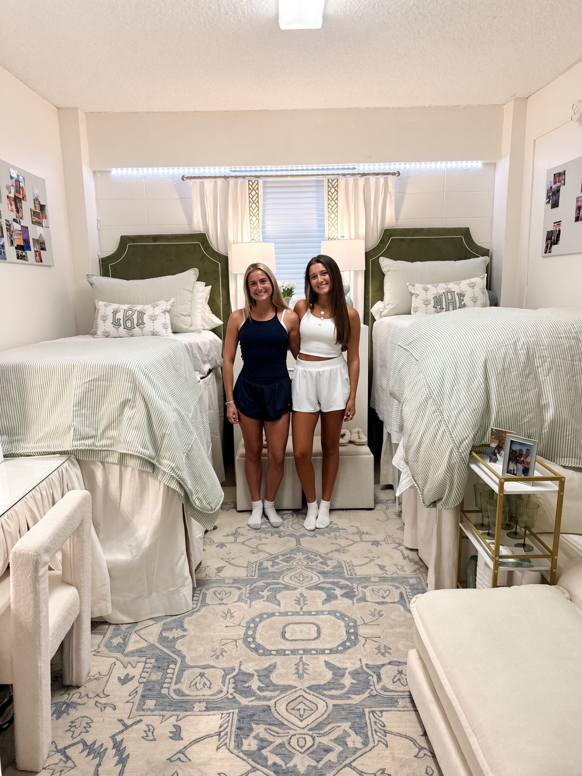 Absolutely gorgeous, neutral and blue rug in Ole Miss martin dorm room