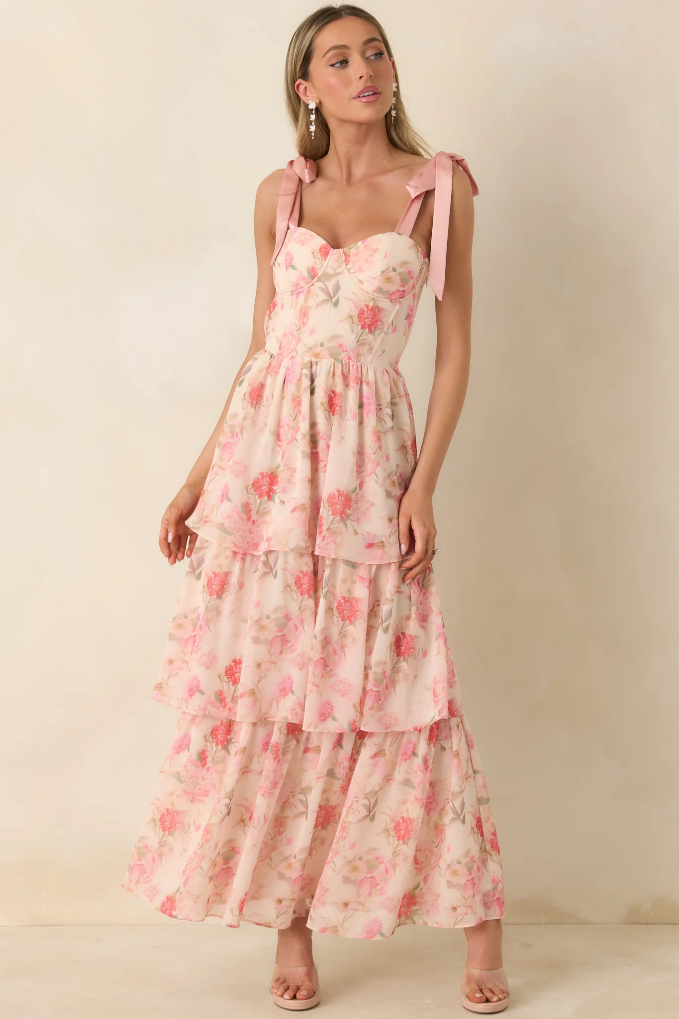 Written in Flowers Coral Pink Floral Tie Strap Maxi Dress | Red Dress