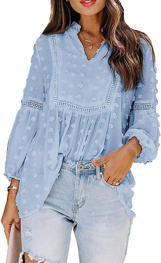 Sidefeel Womens V Neck Solid Color Short Sleeve Chiffon Swiss Dot Tunic Shirt | Amazon (US)
