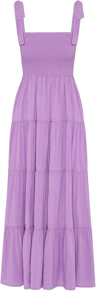 kinstell Women's Summer Boho Spaghetti Strap Square Neck Ruffle Casual Flowy Long Dress Beach Swi... | Amazon (US)