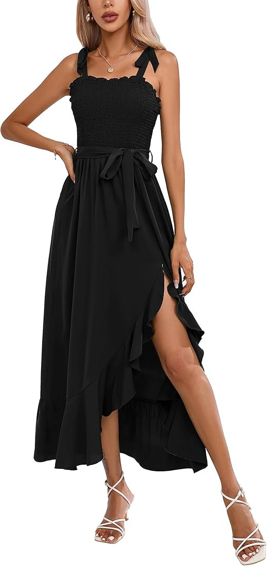 Raikamitu Maxi Dresses for Women 2023 Summer Tie Shoulder Belt High Low Ruffle Formal Dresses with S | Amazon (US)