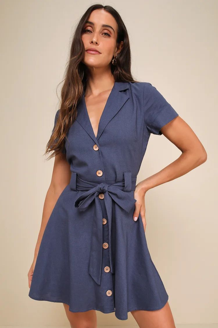 Delightful Dear Blue Linen Short Sleeve Button-Front Mini Dress | Lulus