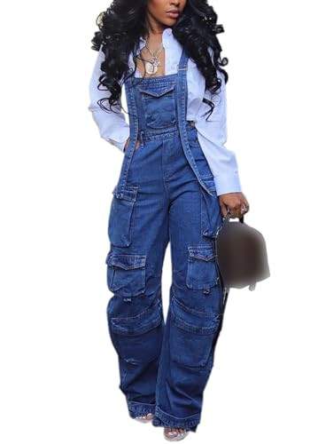 DINGANG Casual Cargo Jumpsuits for Women Sleeveless Strap Romper Loose Denim Pants with Flap Pockets | Amazon (US)