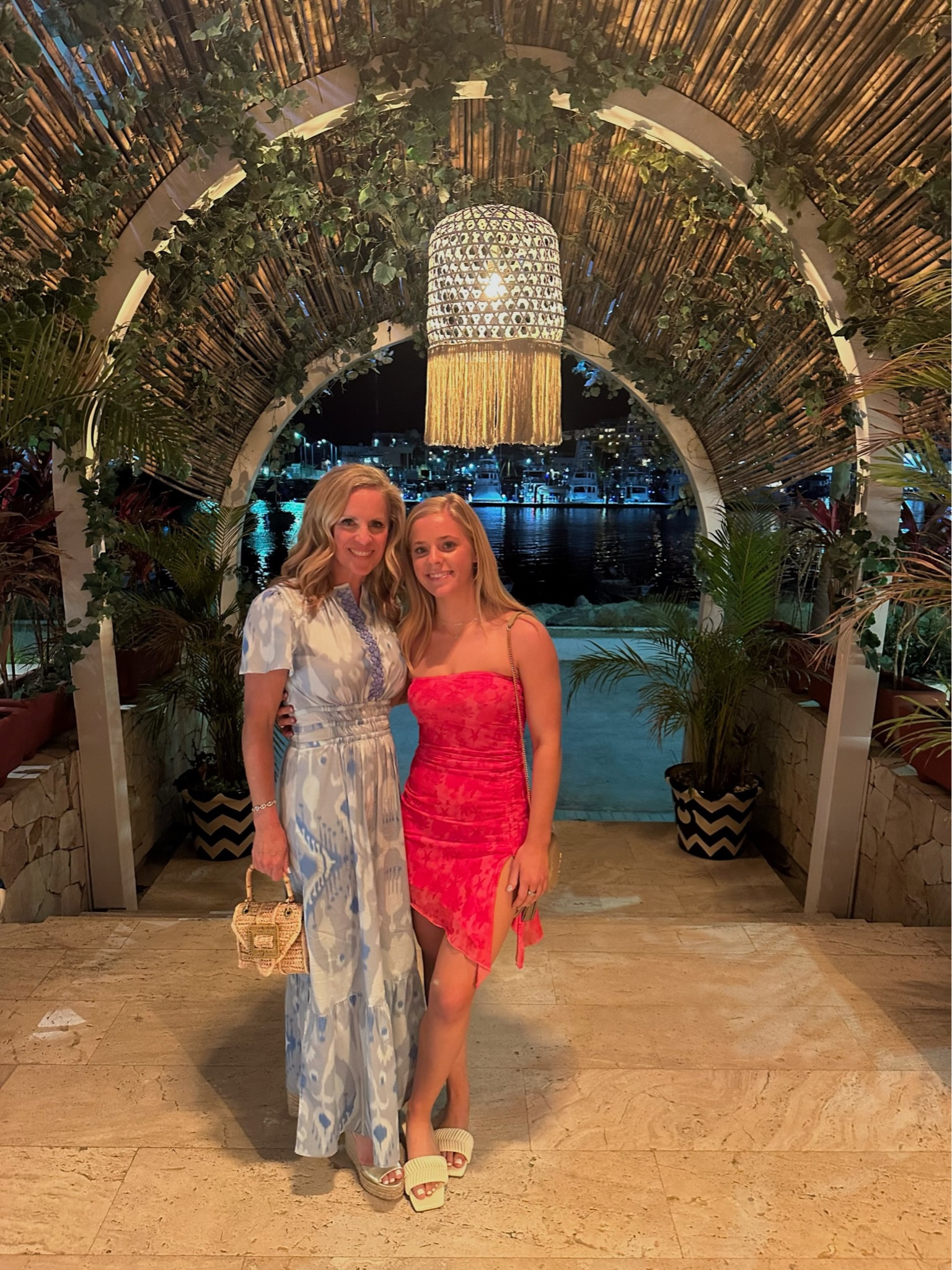 Dinner at Bagatelle Cabo 
Blue and white Ikat maxi dress from Sheridan French fits tts
Pink and red mesh floral strapless mini dress from Princess Polly fits tts
Pamela Munson raffia mini Avis bag with bamboo handle 
Gold espadrilles from Stuart weitzman


#LTKSeasonal #LTKover40 #LTKstyletip
