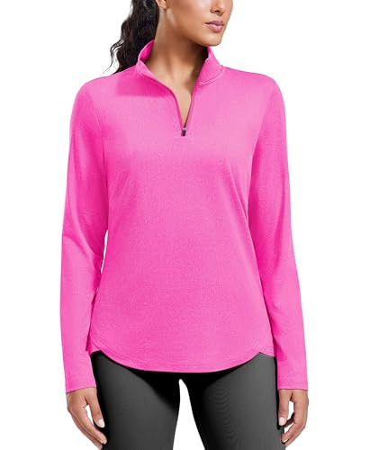 PINSPARK Long Sleeve Workout Shirts for Women Miosture Wicking Hiking Shirt Quarter Zip Running Top V Neck Golf Shirts, Hot Pink Large | Amazon (US)