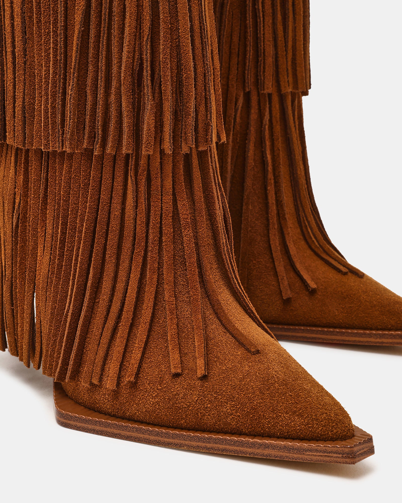 KINZEE Fringe Chestnut Suede Pointed-Toe Knee-High Western Stiletto Women's Boot | Steve Madden (US)