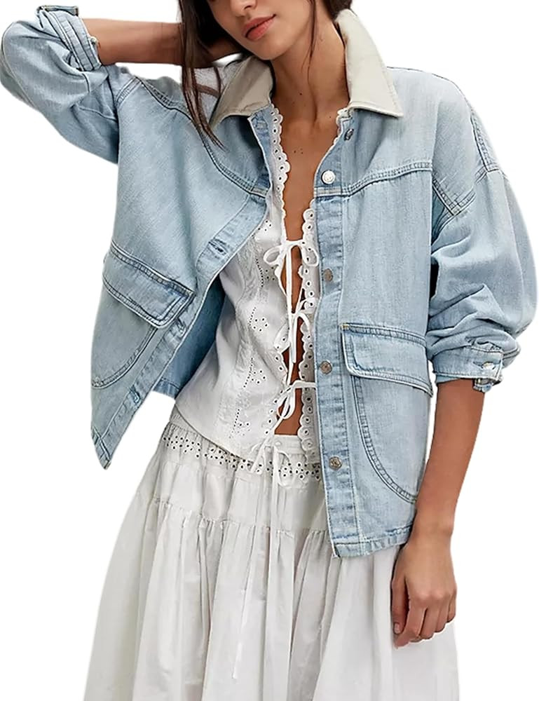 Yeokou Women Oversize Denim Jacket Casual Button Down Jean Coat Long Sleeve Shacket Outfit with P... | Amazon (US)