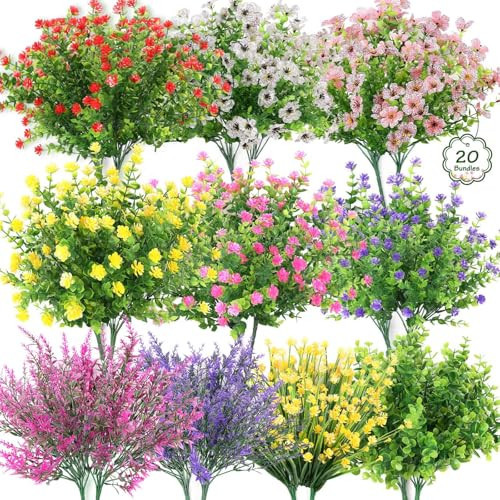 20 Bundles Realistic Artificial Flowers for Outdoors, UV Resistant No Fade Fake Flowers with Plastic Faux Shrubs Plants for Garden Patio Porch Window Box Home Wedding Farmhouse Outside Hanging Decor | Amazon (US)