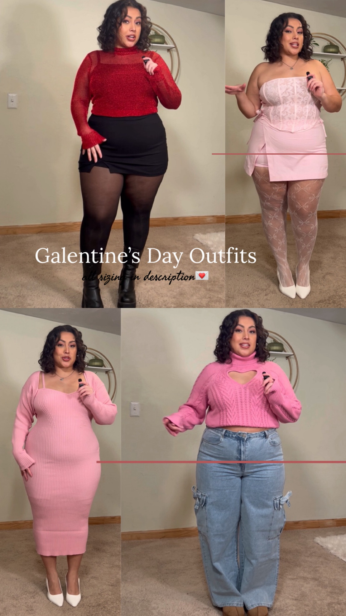 Red outfit: 
top size 1X  & skirt 1X 

Pink outfit : 
petal top size 1X & pink skirt size 1X 

Bow jeans + pink sweater : 
sweater size 1X and jeans size 16 

Sweater set : size 1X 

#LTKSaleAlert #LTKMidsize #LTKPlusSize