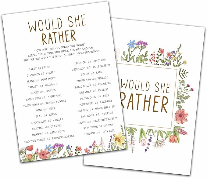 Wildflower Wedding Shower Games, Would She Rather Bridal Shower Games Cards, Spring Flowers Bache... | Amazon (US)
