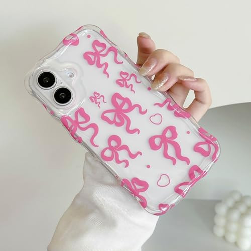UEEBAI Cute Bow Case for iPhone 16, Wavy Ribbon Bow Case Pretty Aesthetic Case Cute Curly Clear Case Stylish Soft Bow Phone Case Pretty Clear Wavy Case for Women Girl - Hot Pink | Amazon (US)