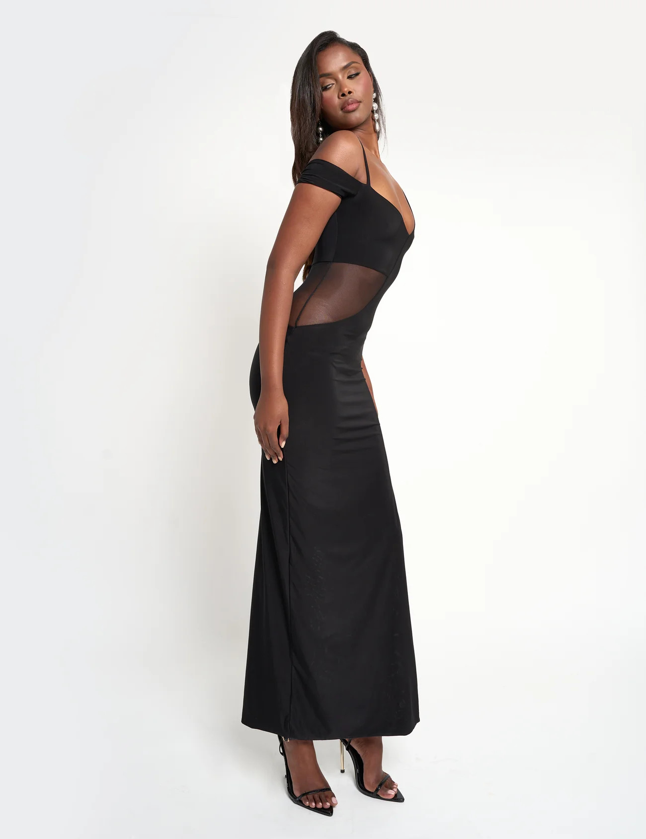 Slinky Mesh Cut Out Maxi Dress Black | Public Desire