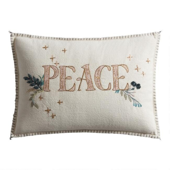 Ivory Embroidered Peace Lumbar Pillow | World Market