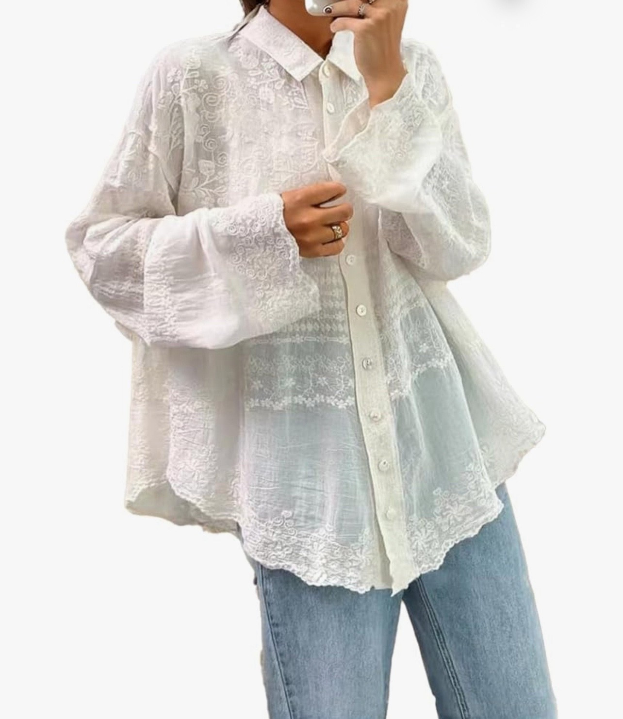 Women‘s Long Sleeve Shirt V Neck Hollow Embroidered Tops Button Front Blouse Casual Loose Dressy Shirts Apricot