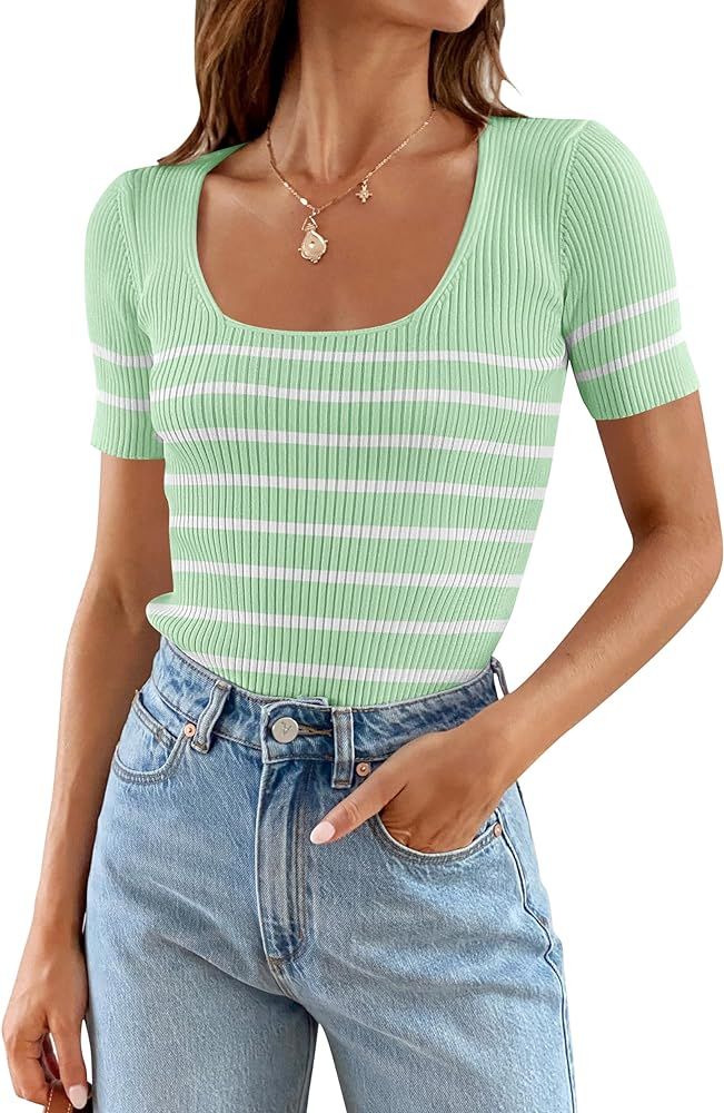 ZESICA Striped Tops for Women Summer Square Neck Tops Basic Tee Shirts Fashion 2024 Trendy Clothe... | Amazon (US)