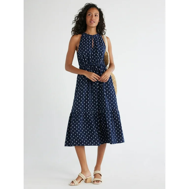 Time and Tru Women's Sleeveless Cotton Midi Dress with Flounce Hem, Sizes 1X-4X | Walmart (US)