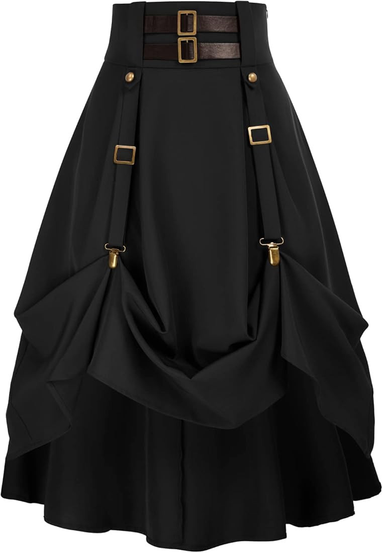 Women Goth Steampunk Skirt High Waist Pirate Midi A-Line Skirt with Pockets S-2XL | Amazon (US)