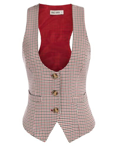GRACE KARIN Womens Dressy Vests Plaid V Neck Button Down Vintage Suit Vest with Pockets(L, Plaid red) | Amazon (US)