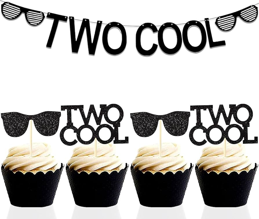 Set of 25 LaVenty Two Cool Banner Black Glittery Two Cool Cupcake Topper Sunglasses Party Supplie... | Amazon (US)
