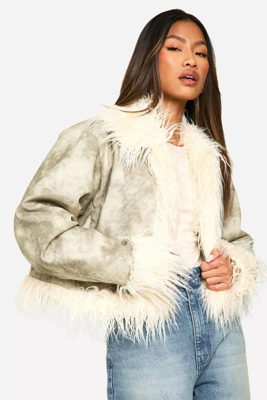 Vintage Look Faux Leather Faux Fur Trim Jacket | boohoo (US & Canada)