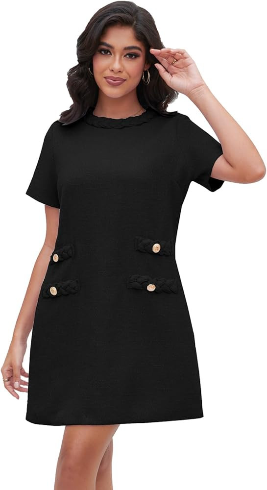 Ladyful Womens Tweed Jackie Dress Short Sleeve Elegant Crew Neck Business Party Vintage Button Bo... | Amazon (US)