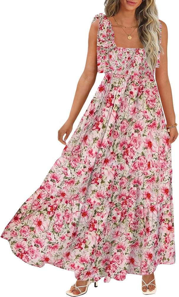 Women's Summer Maxi Dress Boho Spaghetti Straps Casual Long A-line Smocked Beach Dress Square Nec... | Amazon (US)