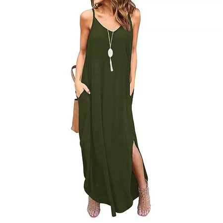 Rejlun Women Long Dress Solid Color Maxi Dresses V Neck Sundress Sexy Basic Beach Army Green L | Walmart (US)