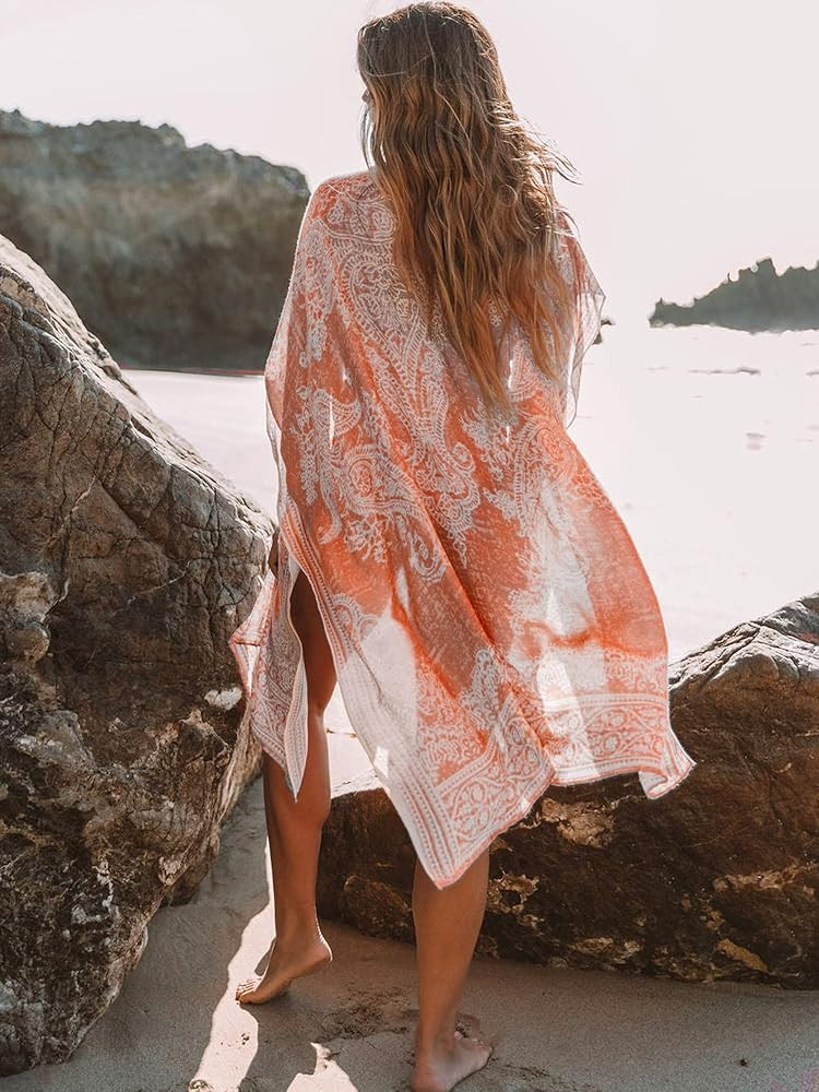 Breezy Lane Women's Kimono Cardigan Summer Swimsuit Coverups Beach Cover Up with Floral Print for Va | Amazon (US)