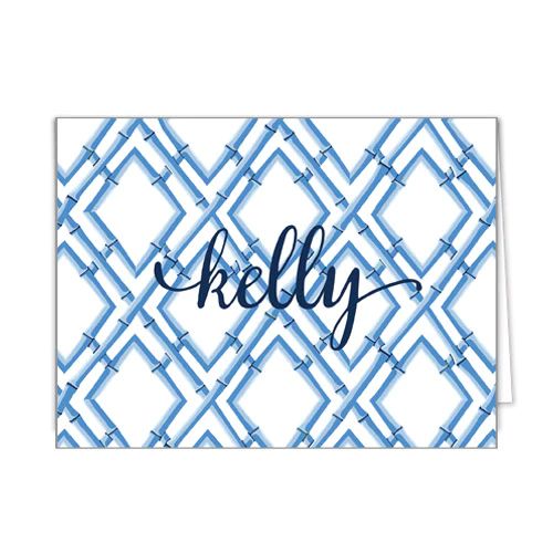Bamboo Trellis Pattern Personalized Folded Notecards | China Blue | WH Hostess Social Stationery