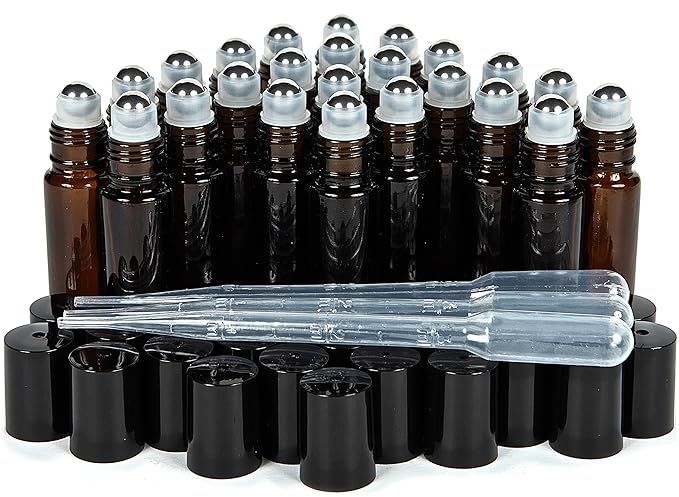 Vivaplex, 24, Amber, 10 ml Glass Roll-on Bottles with Stainless Steel Roller Balls. 3-3 ml Droppe... | Amazon (US)