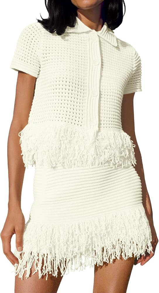Fisoew Womens 2 Piece Outfits Crochet Short Sleeve Button Knit Sweater Tops and Fringe Skirt Vaca... | Amazon (US)