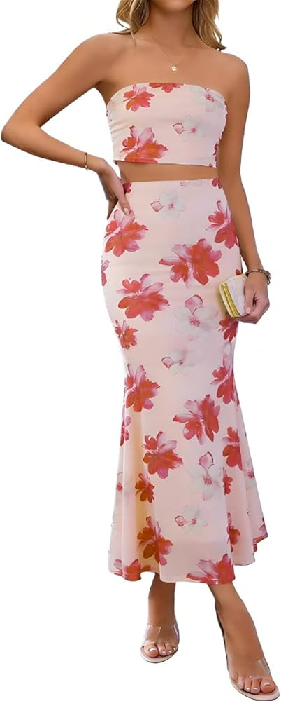 2 Piece Skirt Sets for Women Summer Floral Sleeveless Tube Top Bodycon Maxi Skirts Vacation Going... | Amazon (US)