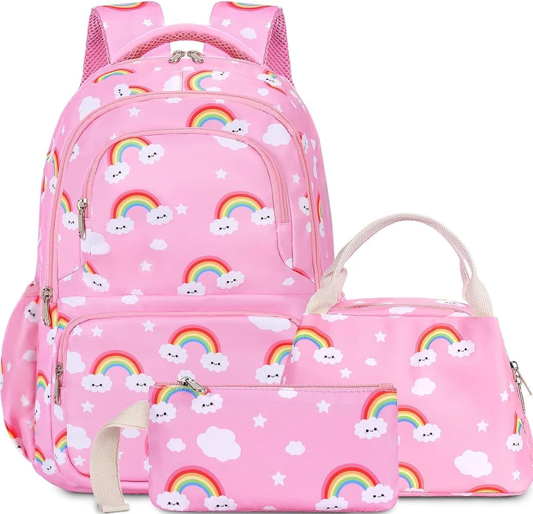 Pink Girls Backpack with Lunch Box,Rainbow Kids Backpack Set,Large Capacity Lightweight Bookbag B... | Amazon (US)