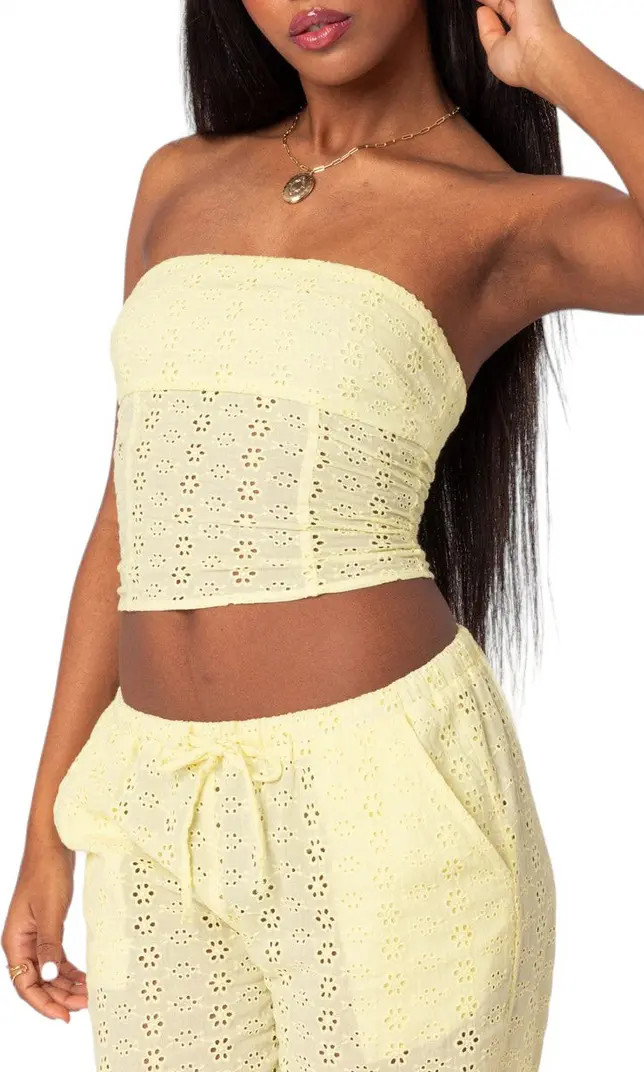 EDIKTED Lemon Eyelet Lace-Up Corset Crop Tube Top | Nordstrom | Nordstrom