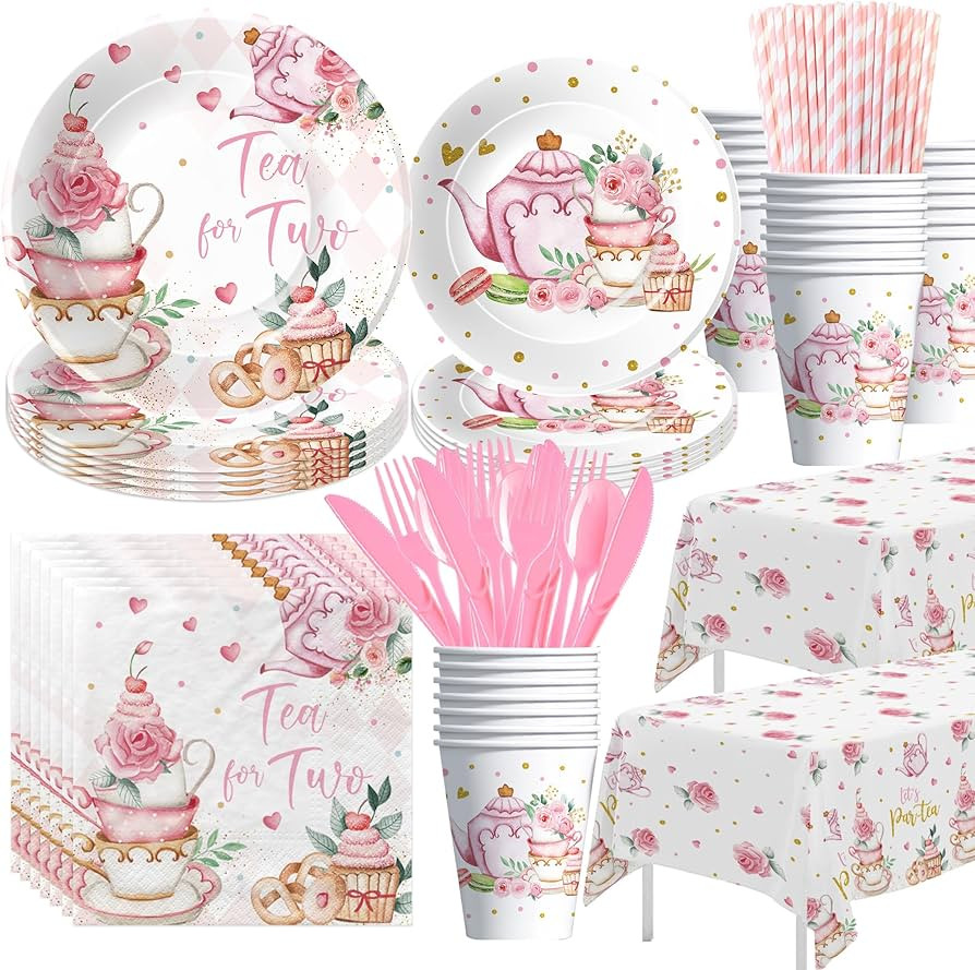 Tea For Two Birthday Party Decorations Tableware, Tea 2nd Birthday Party Supplies, Plate, Cup, Na... | Amazon (US)