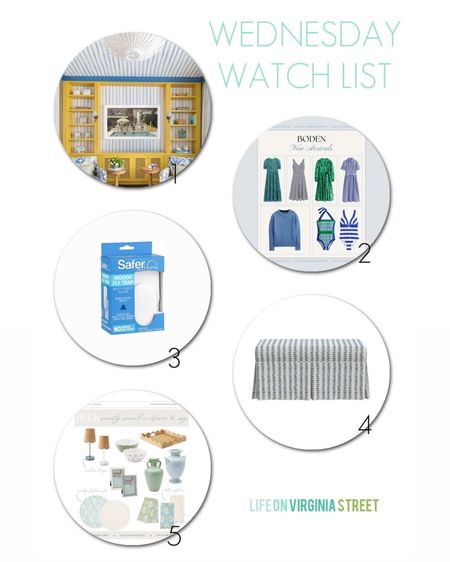 This week’s Wednesday Watch List picks included the cutest new arrivals from Boden, my favorite insecticide-free fly traps (on major sale), an upholstered storage bench, and adorable grandmillennial decor form Society Social and Belk! Get all details and sources here: https://lifeonvirginiastreet.com/wednesday-watch-list-456/
.
#ltkhome #ltkseasonal #ltksalealert #ltkfindsunder50 #ltkfindsunder100 #ltkstyletip #ltkover40 #ltkmidsize #ltkworkwear #ltkwedding

#LTKhome #LTKSeasonal #LTKsalealert