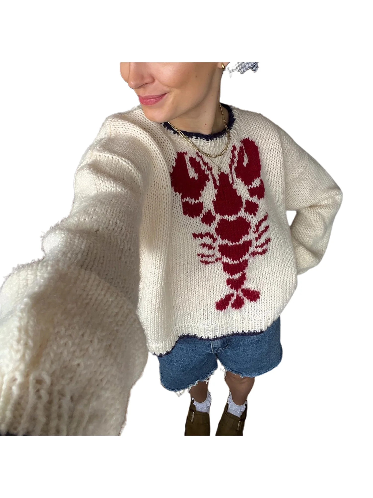 Mioliknya Women Knit Sweater Long Sleeve Crew Neck Lobster Pullover Sweater | Walmart (US)