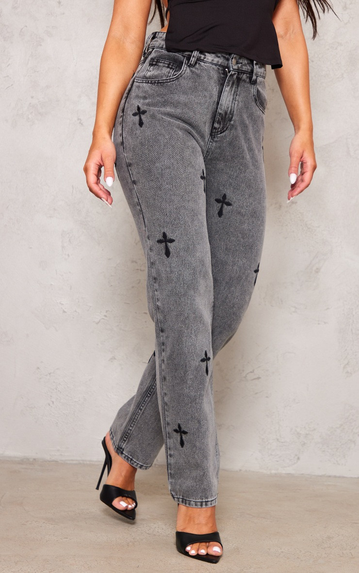 Washed Grey Cross Print Long Leg Straight Leg Jeans | PrettyLittleThing US