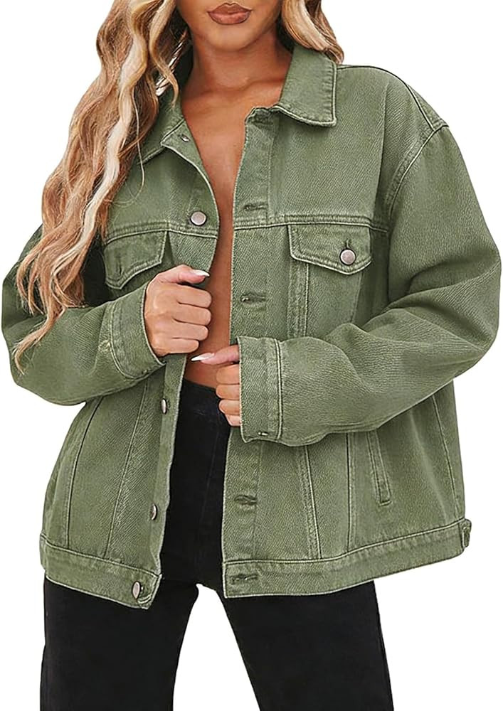 Jean Jacket for Women Distressed Long Sleeve Oversized Denim Trucker Jackets Coat | Amazon (US)