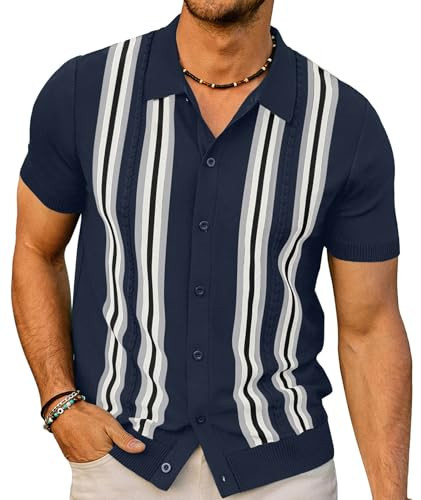 PJ PAUL JONES Mens Knit Polo Shirts Vintage 70s Striped Knitted Polo Shirts Button Front Short Sleeve Italian Knitwear Golf Shirt Navy Blue L | Amazon (US)