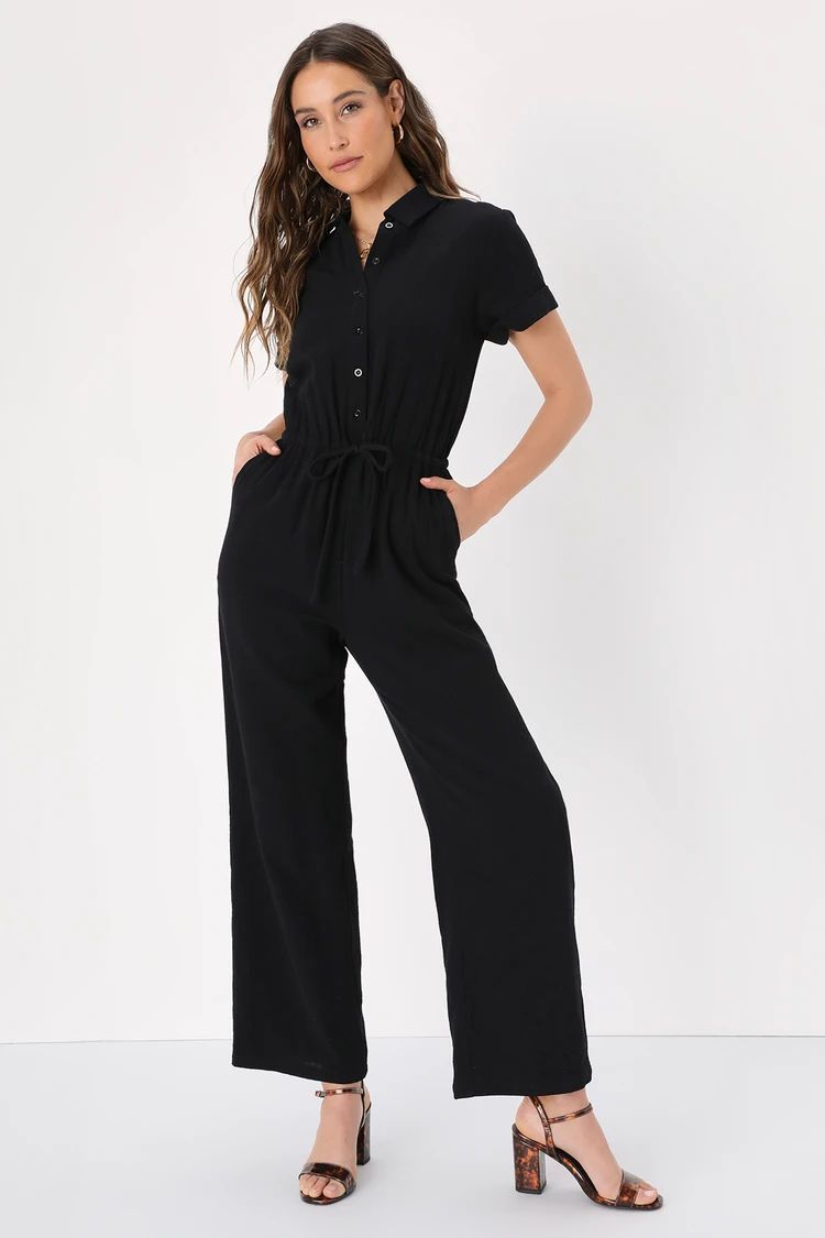 Laidback Living Black Button-Front Short Sleeve Jumpsuit | Lulus (US)