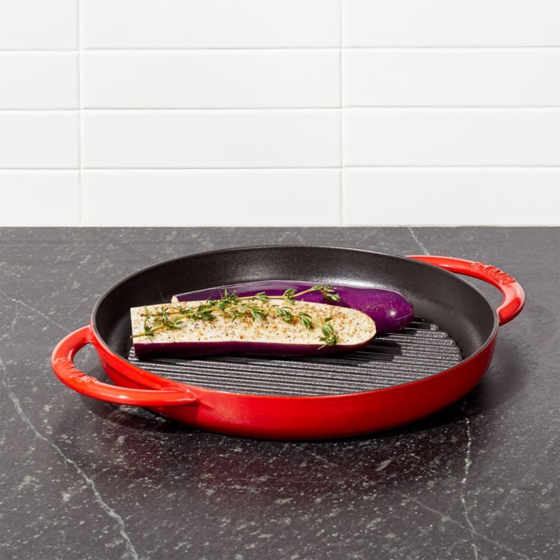 Staub 10" Round Double Handle Pure Grill Cherry + Reviews | Crate & Barrel | Crate & Barrel