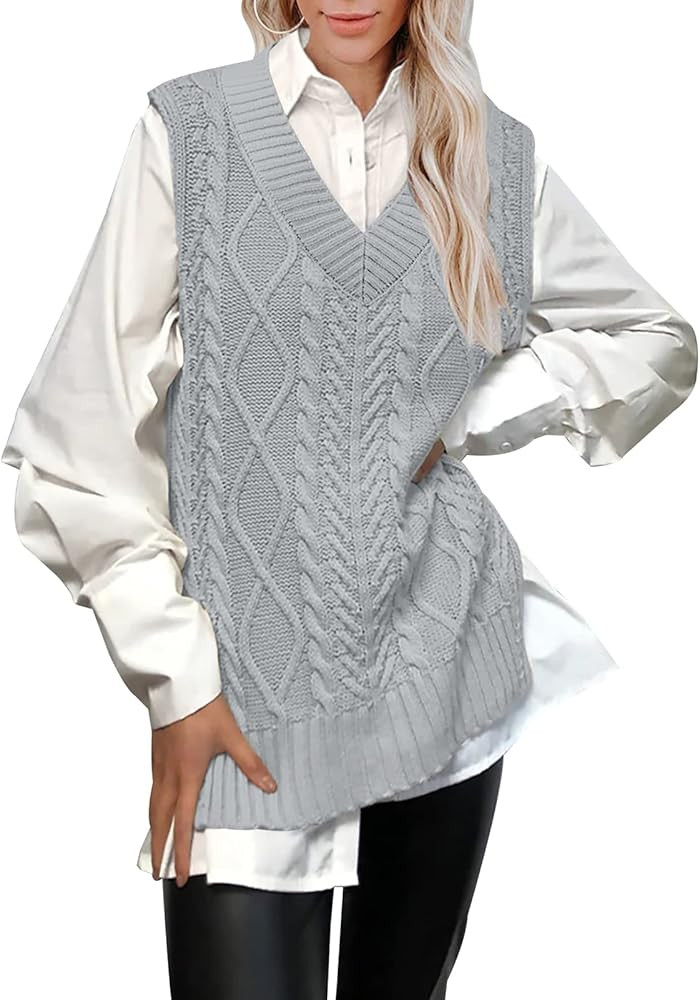BWQ Women’s Oversized Sweater Vest V Neck Sleeveless Plaid Cable Knit Tank Top Sweaters | Amazon (US)