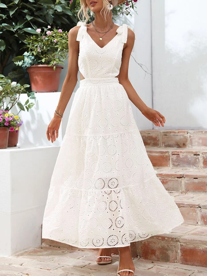 SHEIN VCAY Vestido bordado de ilhós amarrar o ombro bainha com babado | SHEIN