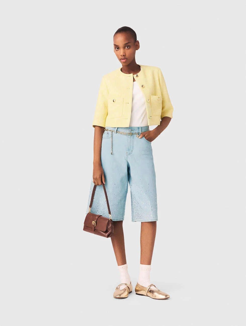 Short-sleeved tweed jacket Yellow / Orange for Women | Maje | Maje US