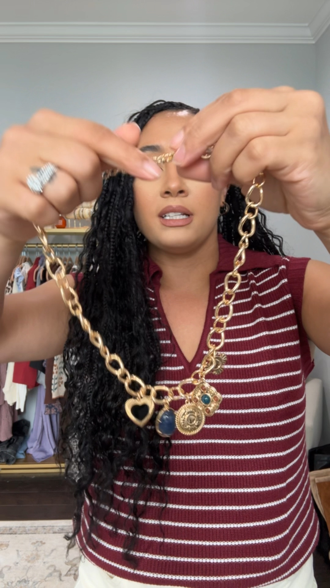 My jewelry is always a mix of target and Amazon, but most of my chunky layered necklaces are target! Sometimes they just don’t restock certain items sweater size large and jeans size 10 almost like jeggings  #target #targetjewelry #targetstyle 
