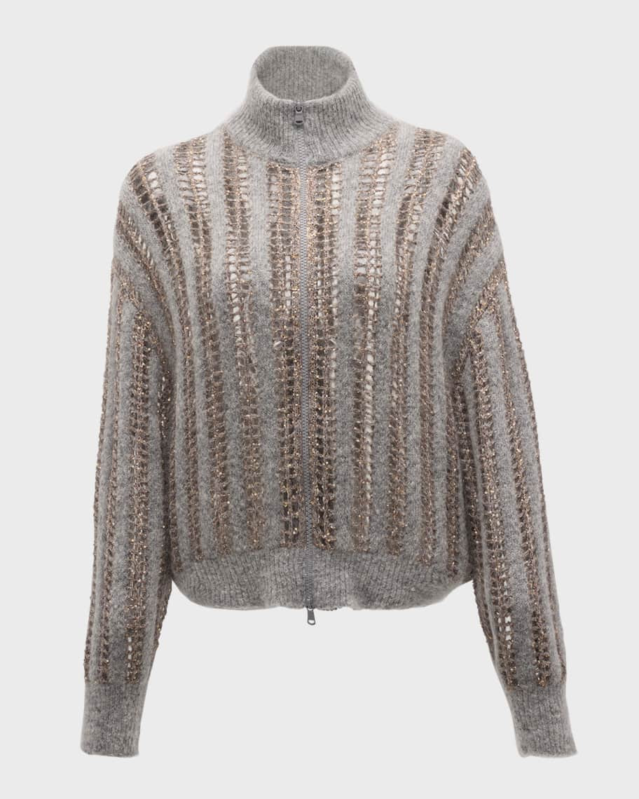 Brunello Cucinelli Mohair Wool Lattice Knit Zip-Up Cardigan with Paillette Detail | Neiman Marcus
