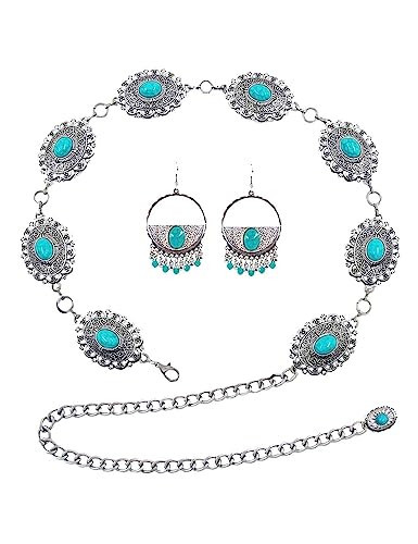 TOPACC Silver Turquoise Concho Chain belts for Women Western Boho Earrings Flower Metal Cowgirl Belt for Dresses Jeans Country Concert Outfit | Amazon (US)