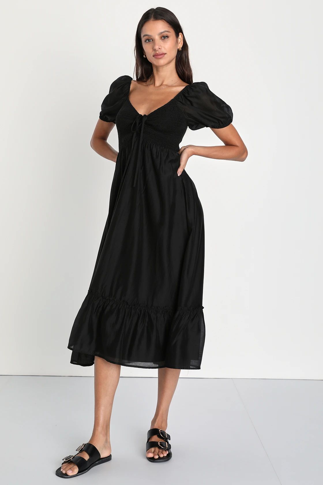 Inspiring Feelings Black Smocked Puff Sleeve Midi Dress | Lulus